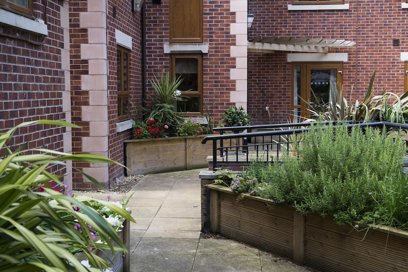 Outdoor patio area with shrubbery